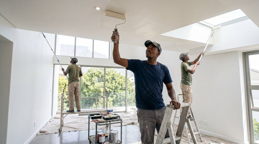 Professional ceiling painters rolling white paint onto a high ceiling in Vredehoek