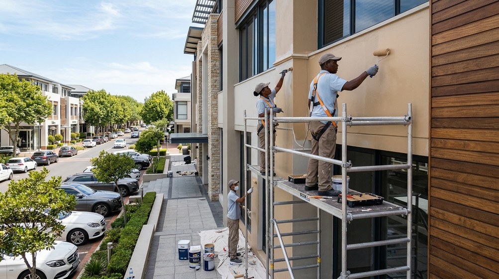 Professional commercial painters on scaffolding painting a building on the West Coast