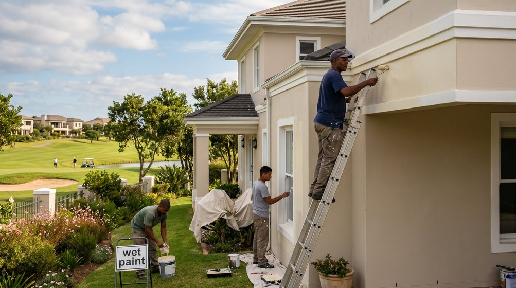 Professional estate painters painting a luxury golf estate home on the West Coast