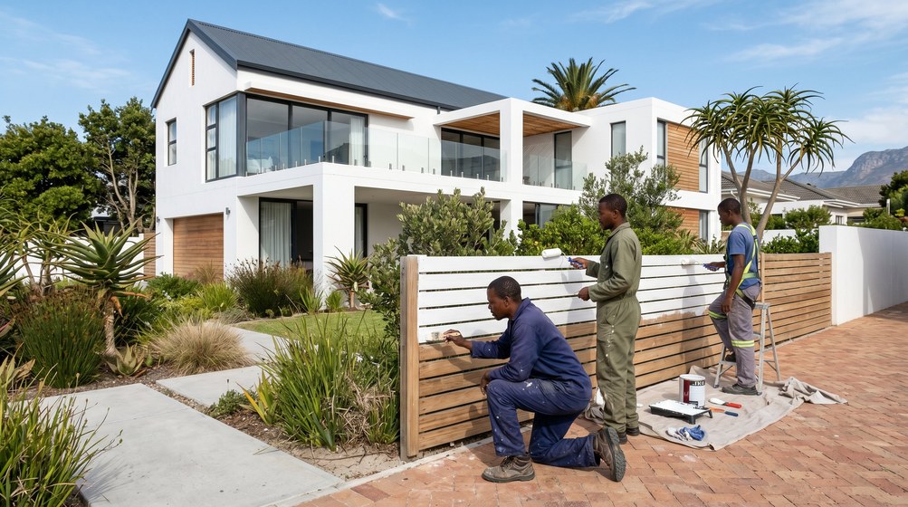 Professional fence painters painting a wooden fence at a West Coast home in Vredehoek
