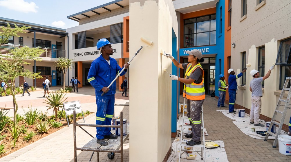 Professional school painting team painting a community school on the West Coast